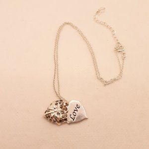 Silver Tone Gift Wrapped Rhinestone Heart Necklace